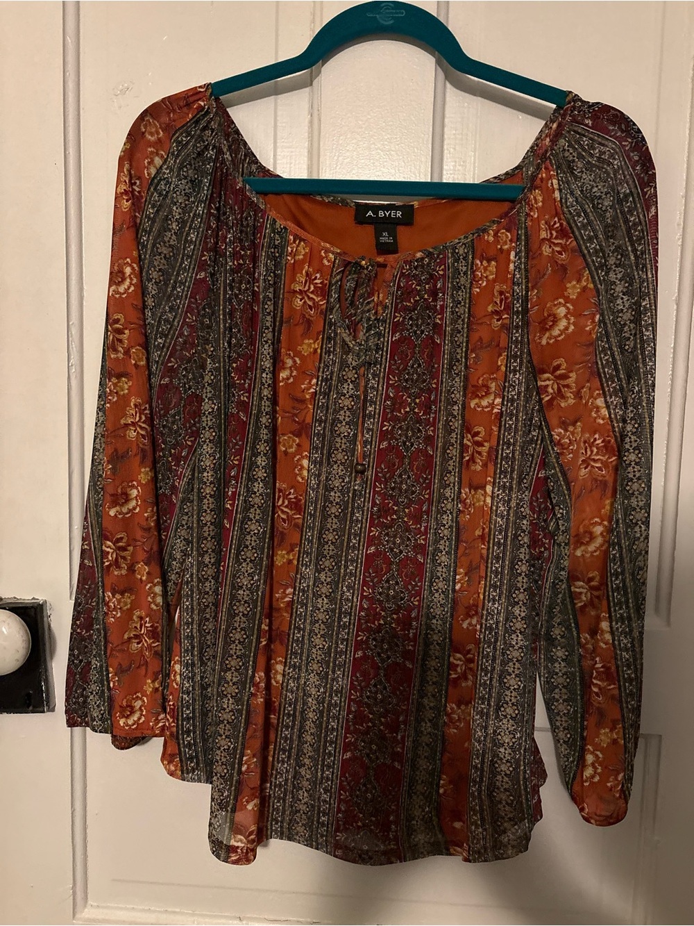 A. Byer Women's Rust Floral Stripe Peasant Top